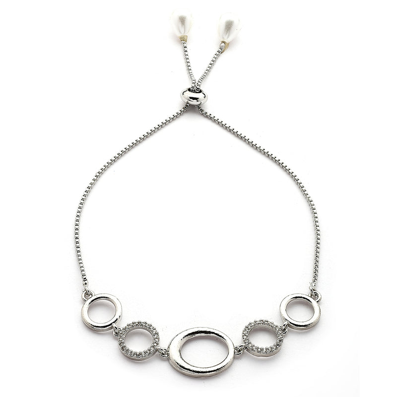 Rhodium Plated Silver Toned Circular Shaped Cubic Zirconia Studded Adjustable Bracelet