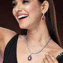 Rhodium Plated with Teardrop Shaped Red American Diamond Studded Necklace Set