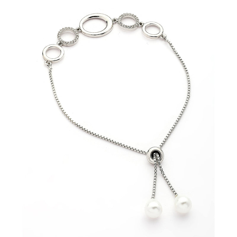 Rhodium Plated Silver Toned Circular Shaped Cubic Zirconia Studded Adjustable Bracelet