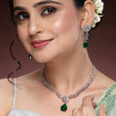 Rhodium Plated Silver Toned Teardrop Shaped Green American Diamond Studded Necklace Set