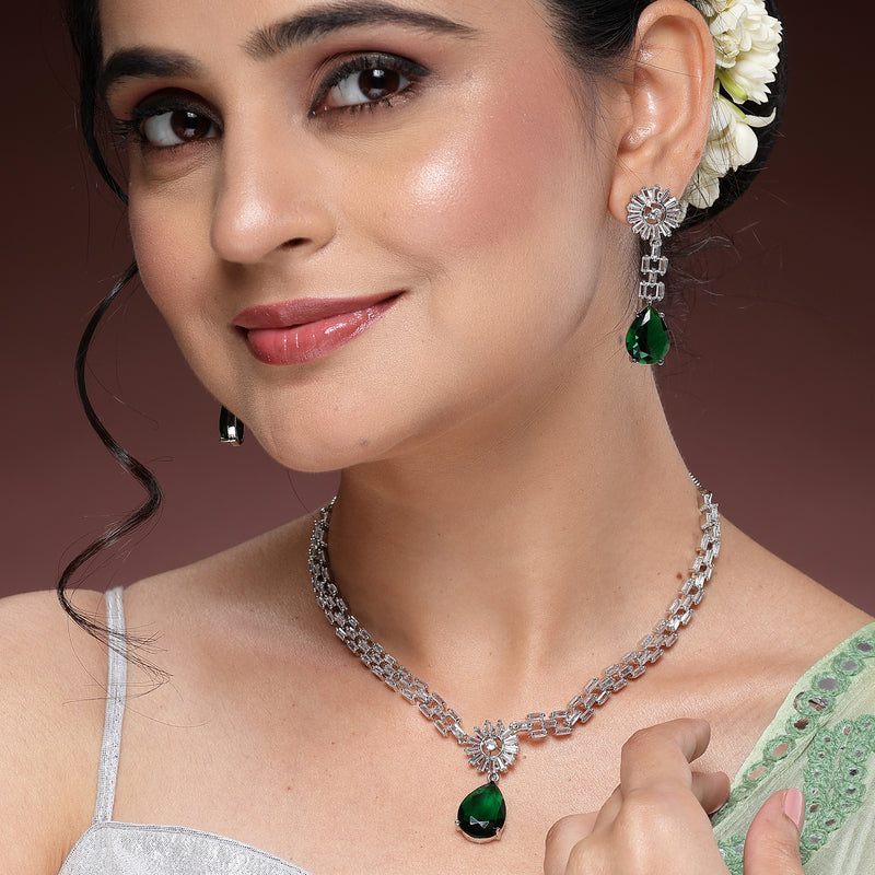 Rhodium Plated Silver Toned Teardrop Shaped Green American Diamond Studded Necklace Set