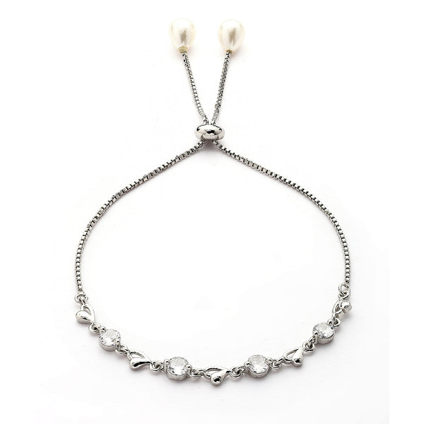 Rhodium Plated Silver Toned Heart Shaped White Cubic Zirconia Adjustable Bracelet