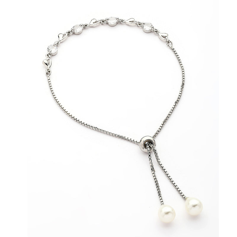 Rhodium Plated Silver Toned Heart Shaped White Cubic Zirconia Adjustable Bracelet
