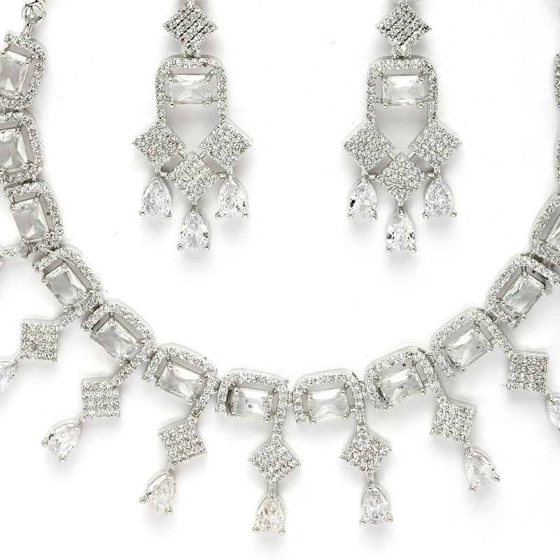 Rhodium Plated Crystal White American Diamond Studded Jewellery Set