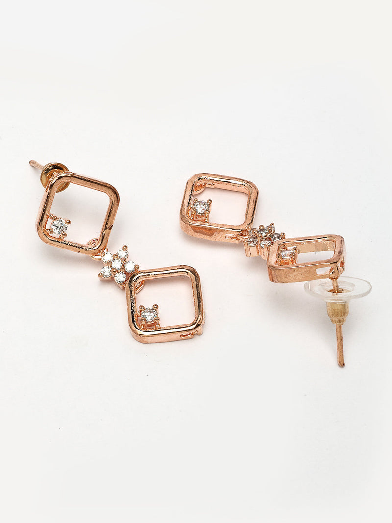 Rose Gold Plated Square Blossom Design with White American Diamond Stone Studded Jewellery Set