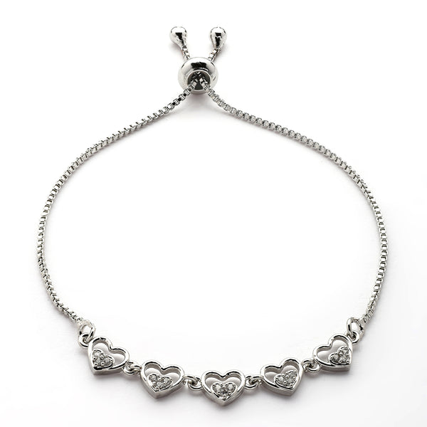 Rhodium Plated Silver Toned Heart Shaped Cubic Zirconia Studded Adjustable Bracelet