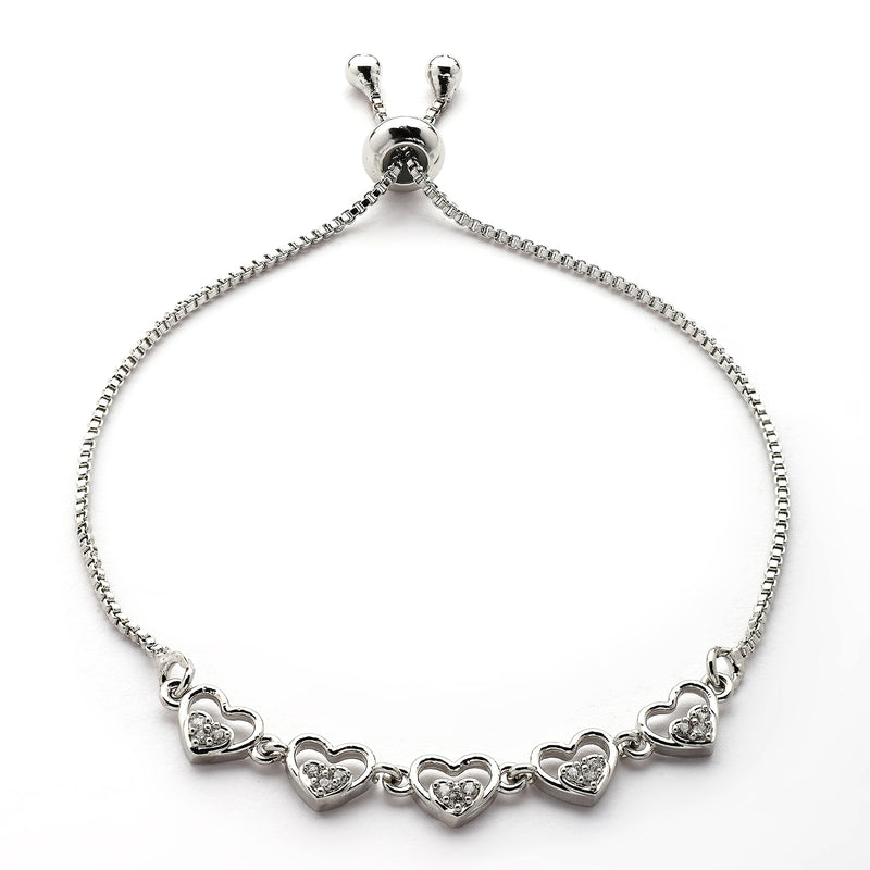 Rhodium Plated Silver Toned Heart Shaped Cubic Zirconia Studded Adjustable Bracelet