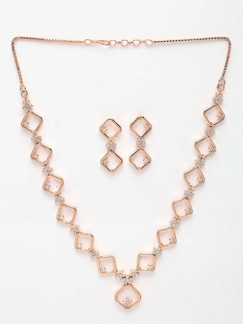 Rose Gold Plated with Square Blossom Design & White AD Stone Studded Necklace Set