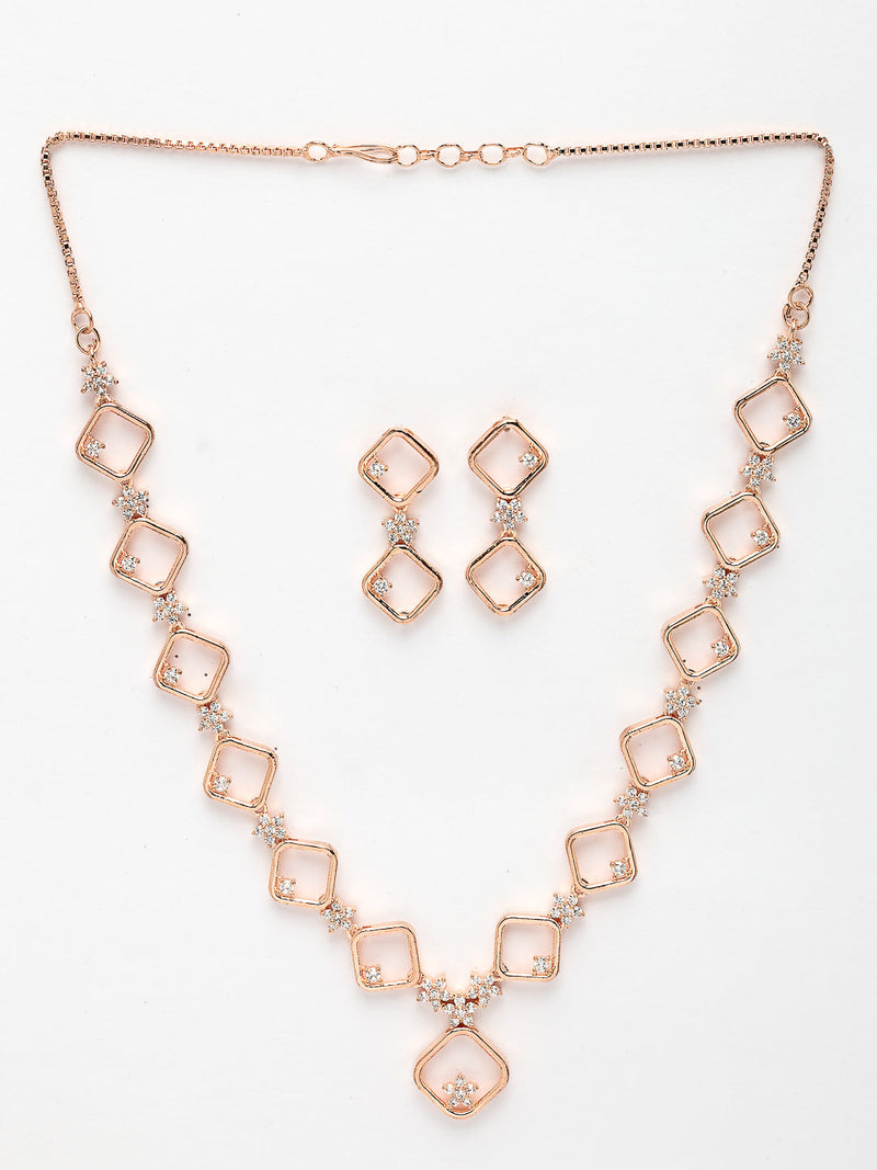 Rose Gold Plated Square Blossom Design with White American Diamond Stone Studded Jewellery Set
