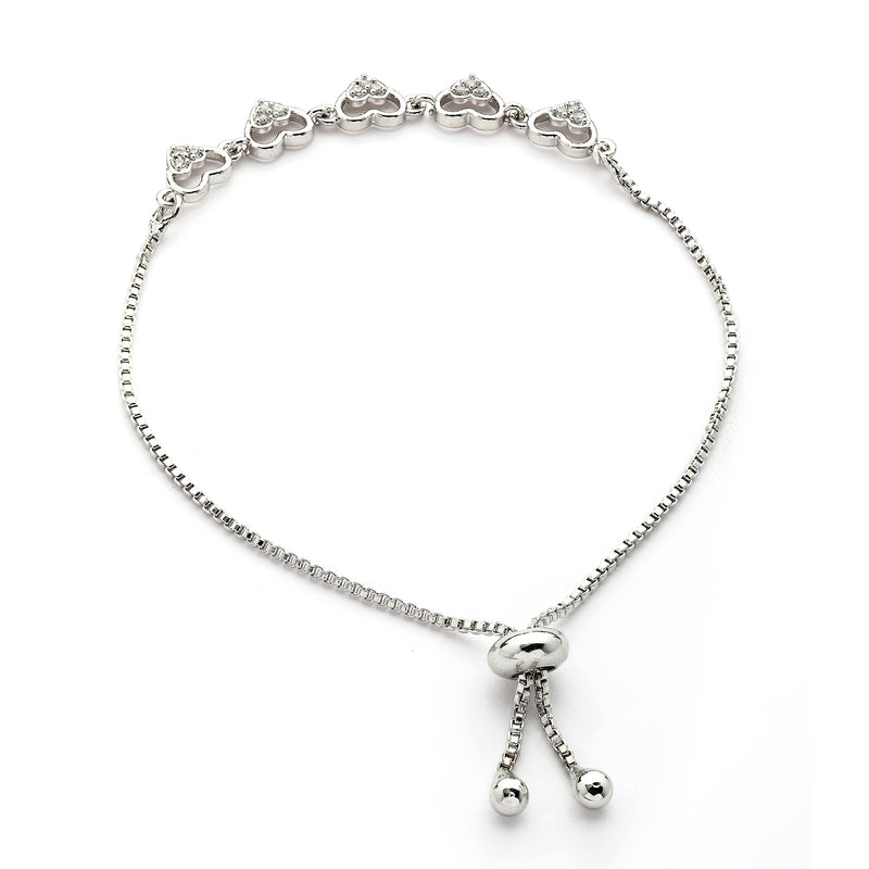 Rhodium Plated Silver Toned Heart Shaped Cubic Zirconia Studded Adjustable Bracelet