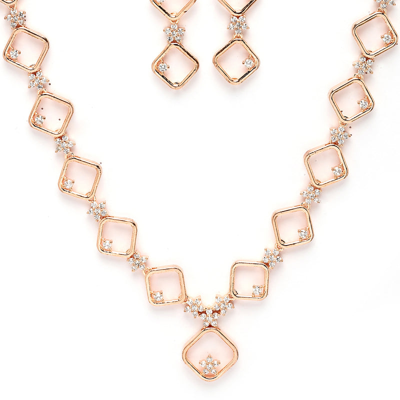 Rose Gold Plated Square Blossom Design with White American Diamond Stone Studded Jewellery Set