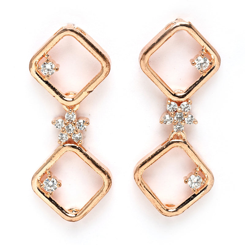 Rose Gold Plated Square Blossom Design with White American Diamond Stone Studded Jewellery Set