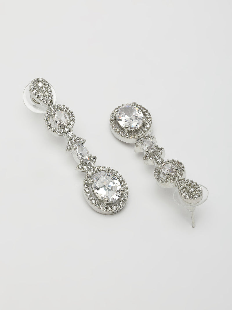 Rhodium Plated Silver Toned Sparkle White American Diamond Studded Jewellery Set