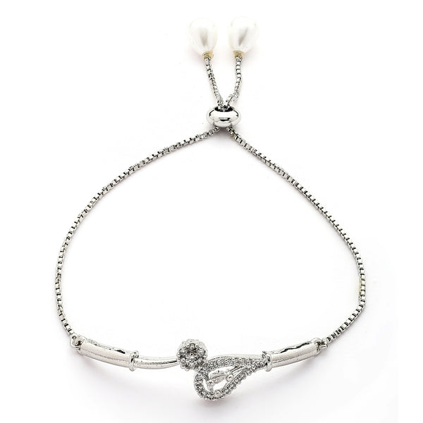 Rhodium Plated Silver Toned Teardrop Shaped White Cubic Zirconia Studded Adjustable Bracelet
