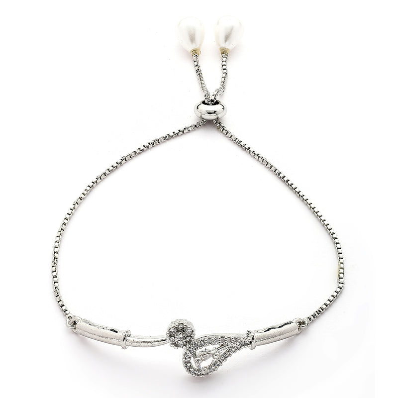 Rhodium Plated Silver Toned Teardrop Shaped White Cubic Zirconia Studded Adjustable Bracelet