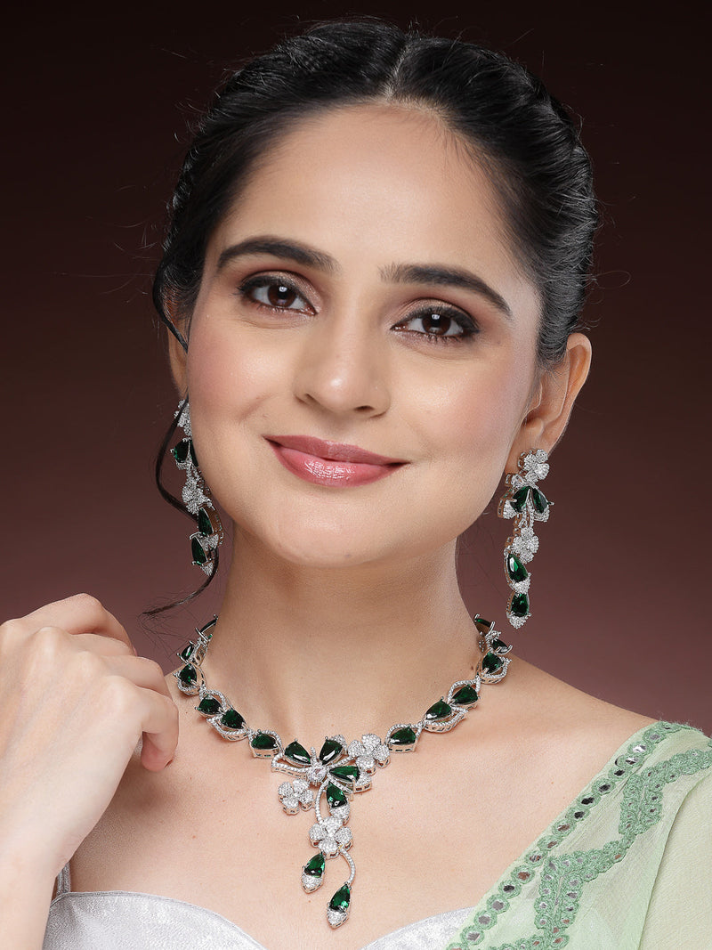 Rhodium Plated Silver Toned Emerald & White American Diamond Studded Necklace set