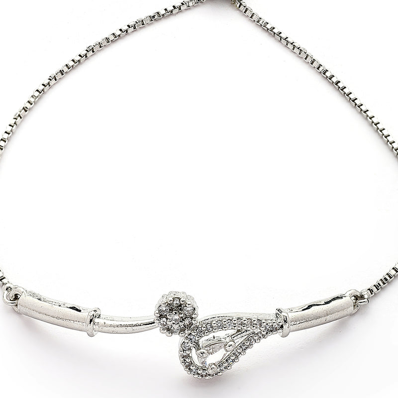 Rhodium Plated Silver Toned Teardrop Shaped White Cubic Zirconia Studded Adjustable Bracelet