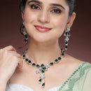 Rhodium Plated Silver Toned Emerald & White American Diamond Studded Necklace set