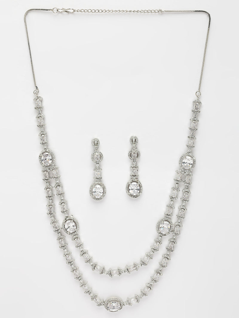 Rhodium Plated Silver Toned Sparkle White American Diamond Studded Jewellery Set