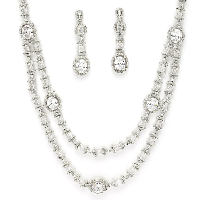 Rhodium Plated Silver Toned Sparkle White American Diamond Studded Jewellery Set