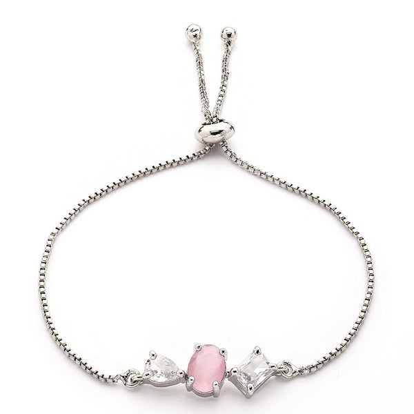 Rhodium Plated Silver Toned Pink And White American Diamond Studded Adjustable Bracelet