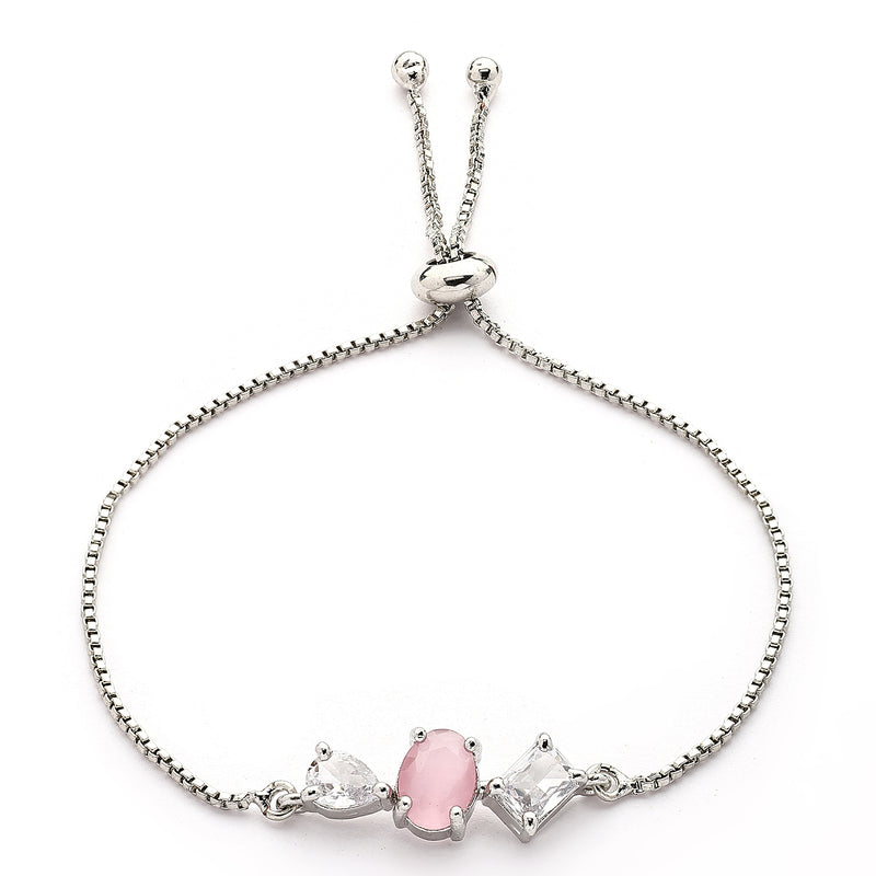Rhodium Plated Silver Toned Pink And White American Diamond Studded Adjustable Bracelet