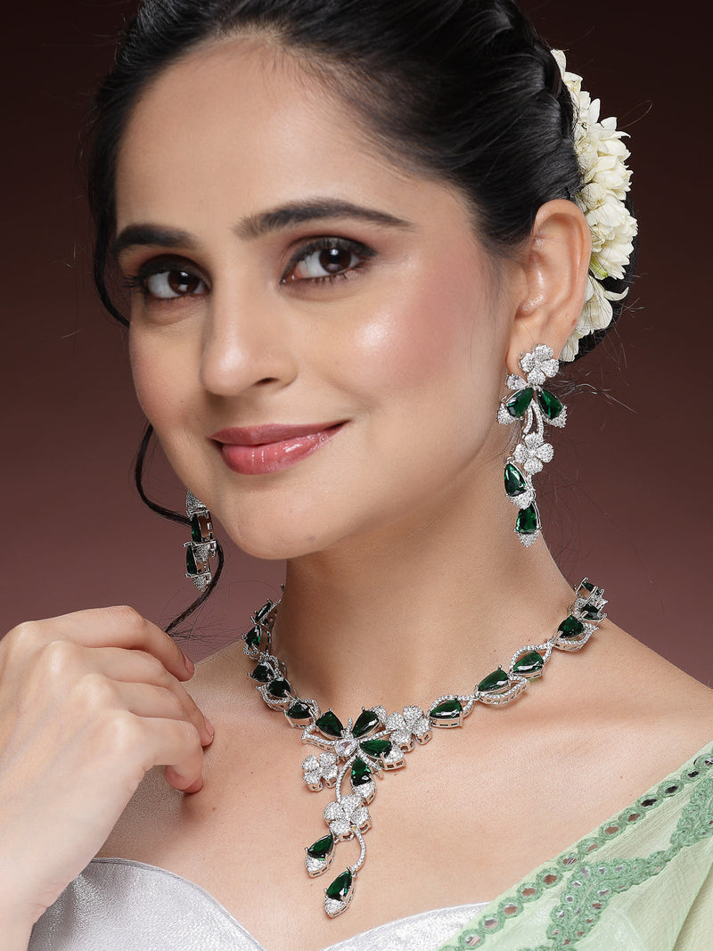 Rhodium Plated Silver Toned Emerald & White American Diamond Studded Necklace set