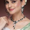 Rhodium Plated Silver Toned Emerald & White American Diamond Studded Necklace set