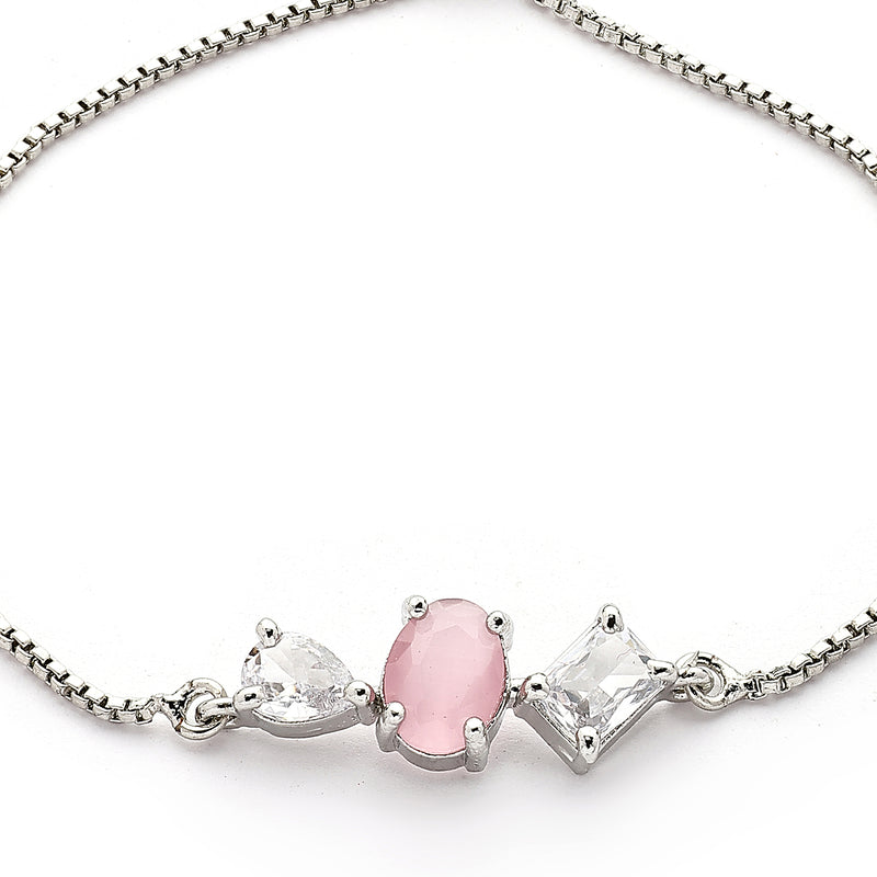 Rhodium Plated Silver Toned Pink And White American Diamond Studded Adjustable Bracelet