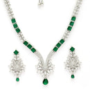 Rhodium Plated Silver Toned Green American Diamond Studded Jewellery  Set