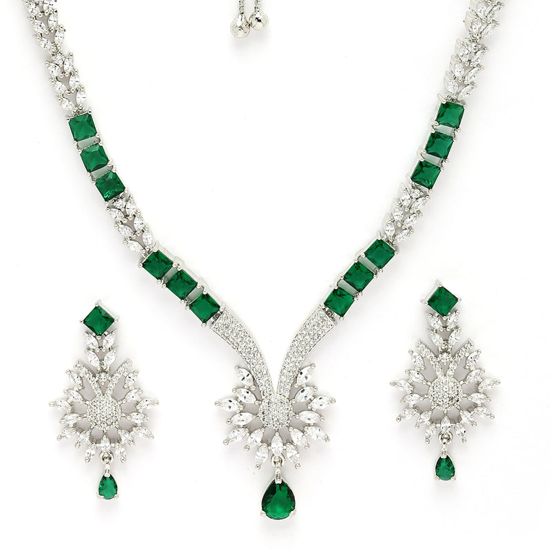 Rhodium Plated Silver Toned Green American Diamond Studded Jewellery  Set