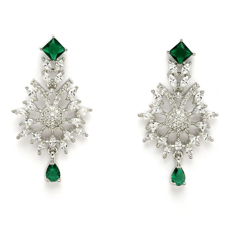 Rhodium Plated Silver Toned Green American Diamond Studded Jewellery  Set