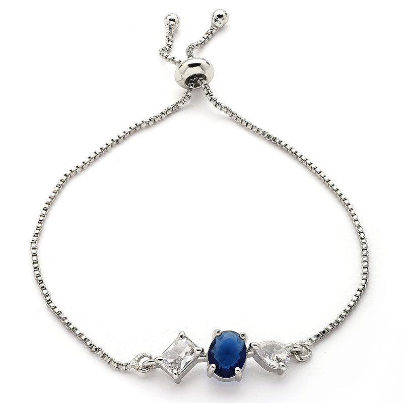 Rhodium Plated Silver Toned Blue And White American Diamond Studded Adjustable Bracelet