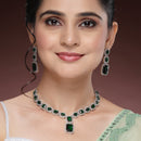 Rhodium Plated Silver Toned Green American Diamond Studded Jewellery Set