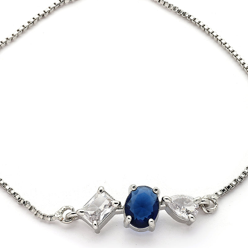 Rhodium Plated Silver Toned Blue And White American Diamond Studded Adjustable Bracelet