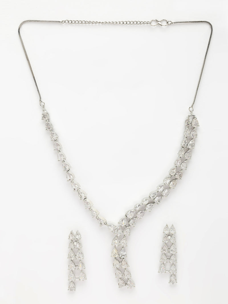 Rhodium Plated with Karatbee Sparkling Solitaire Design & White AD Stone Studded Necklace Set