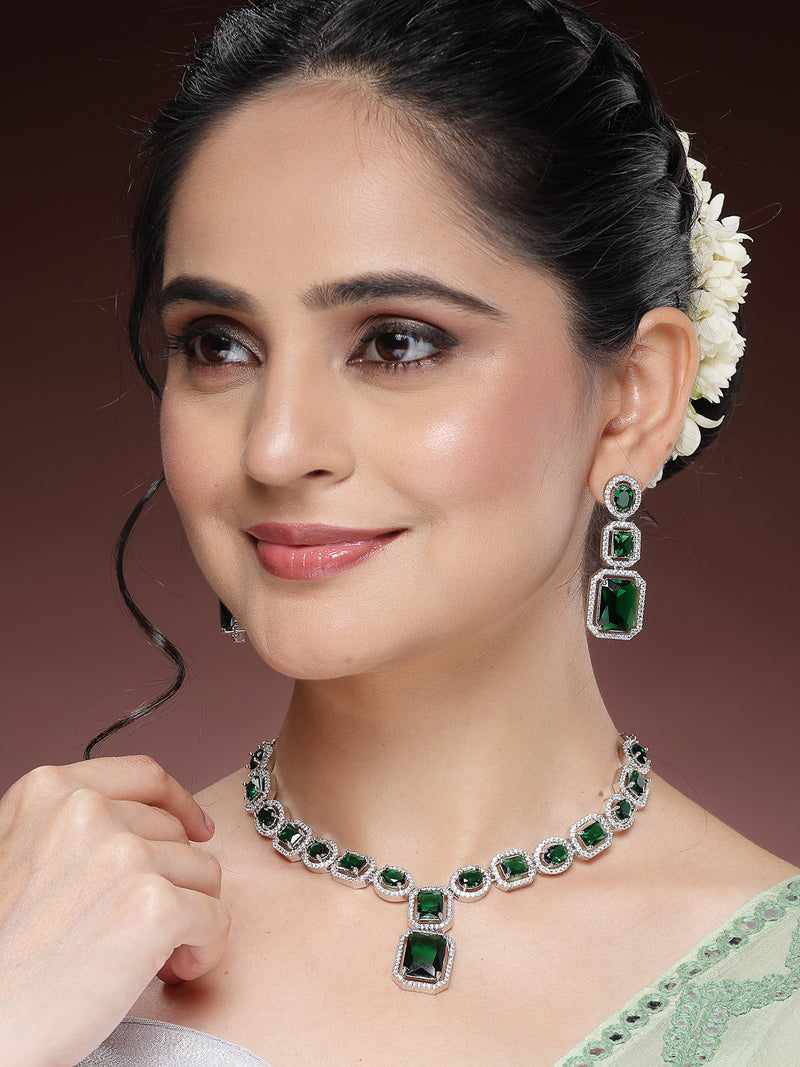 Rhodium Plated with Rectangle Drop Green & American Diamond Studded Necklace Set