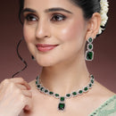Rhodium Plated Silver Toned Green American Diamond Studded Jewellery Set