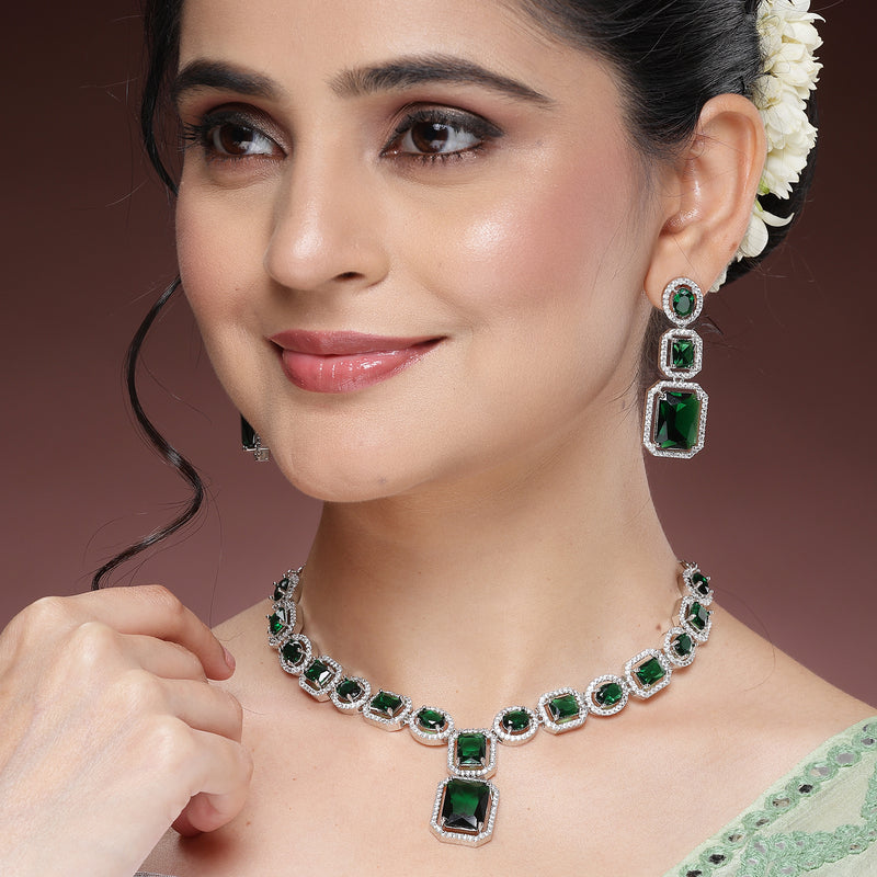 Rhodium Plated Silver Toned Green American Diamond Studded Jewellery Set
