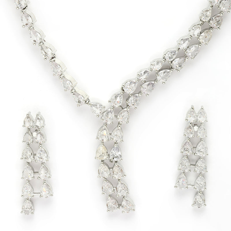 Rhodium Plated Silver Toned Sparkle White American Diamond Stone Studded Jewellery Set