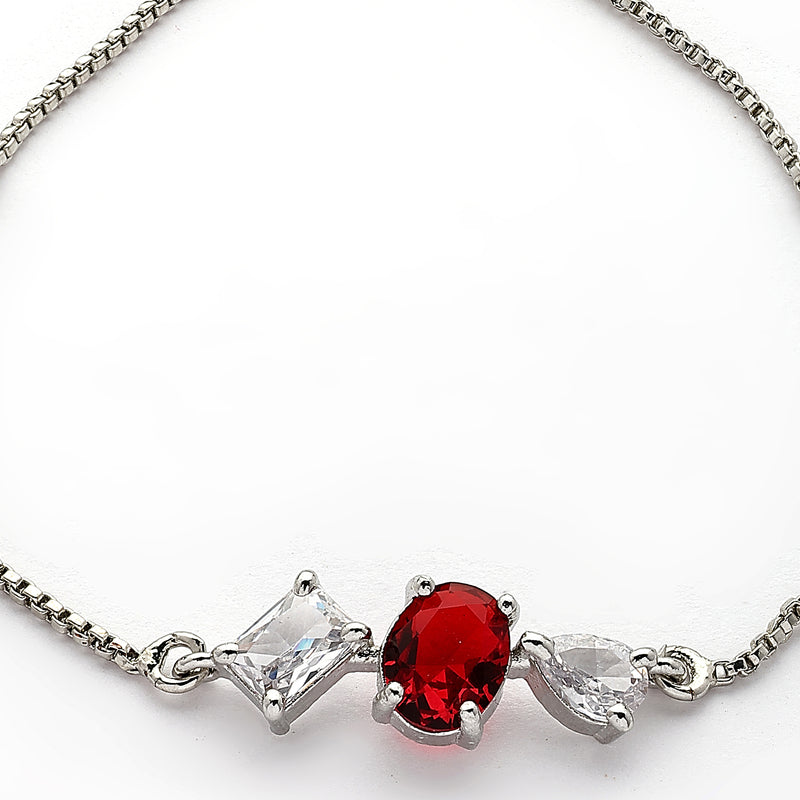 Rhodium Plated Red And White American Diamond Studded Adjustable Bracelet