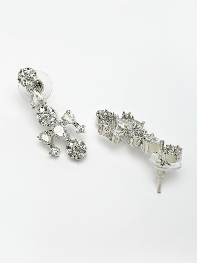 Rhodium Plated Silver Toned Cascade Design & White American Diamond Stone Studded Jewellery Set