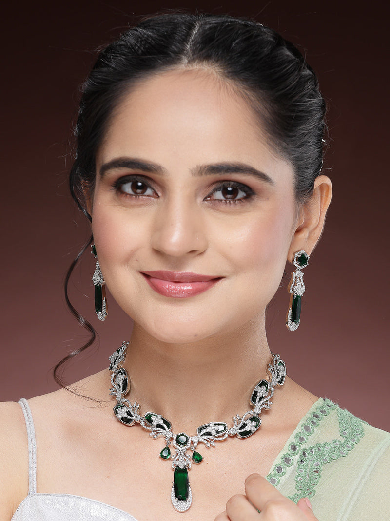 Rhodium Plated Silver Toned Emerald American Diamond Studded Necklace Set
