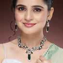 Rhodium Plated Silver Toned Emerald American Diamond Studded Necklace Set