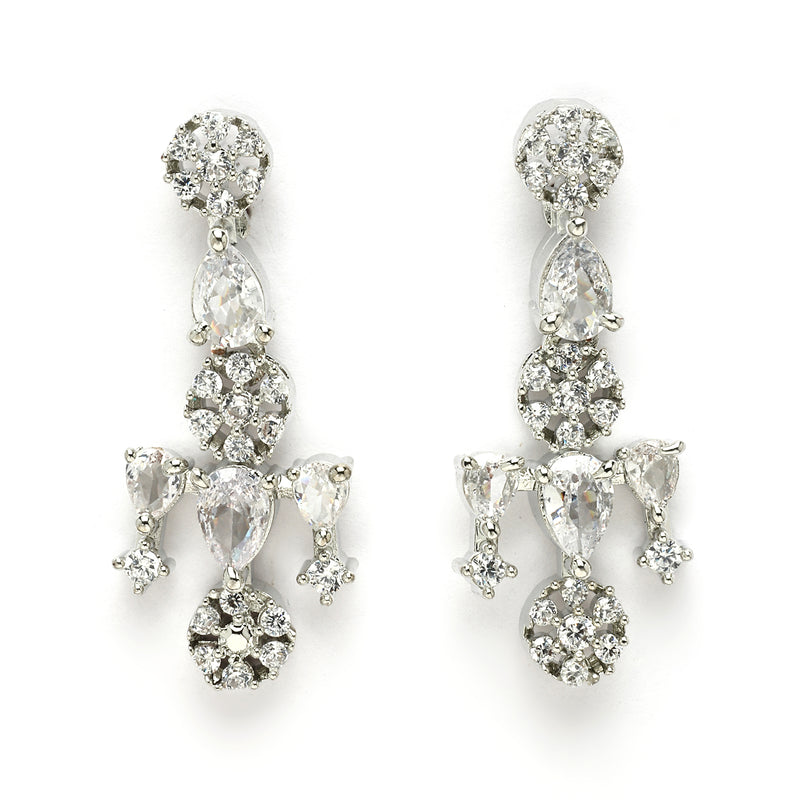 Rhodium Plated Silver Toned Cascade Design & White American Diamond Stone Studded Jewellery Set