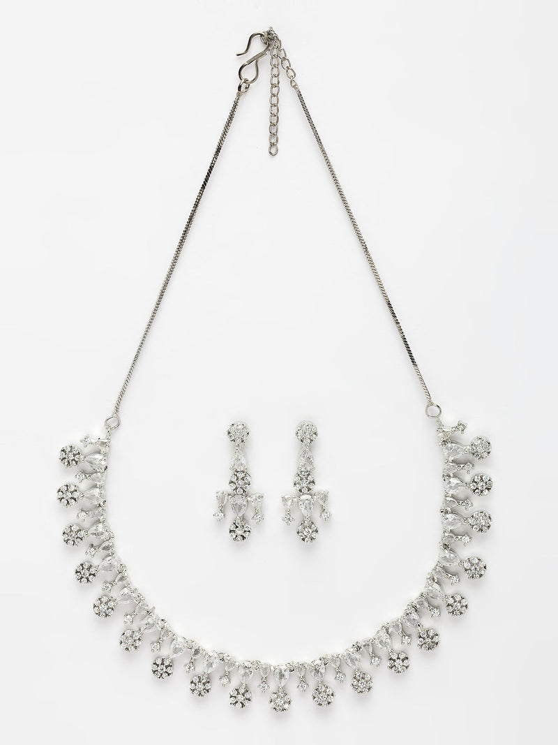 Rhodium Plated Silver Toned Cascade Design & White American Diamond Stone Studded Jewellery Set