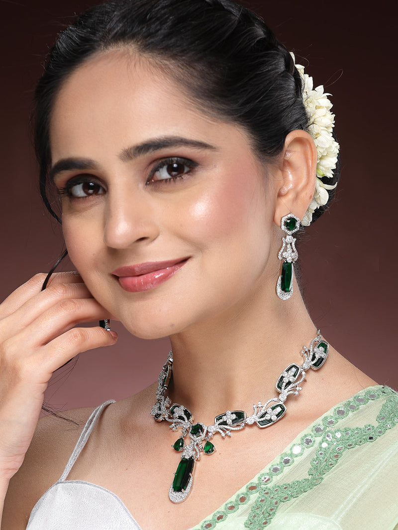 Rhodium Plated Silver Toned Emerald American Diamond Studded Necklace Set