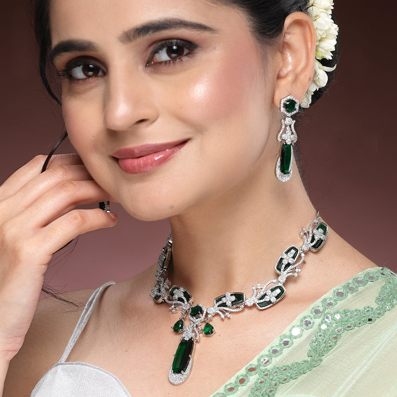 Rhodium Plated Silver Toned Emerald American Diamond Studded Necklace Set
