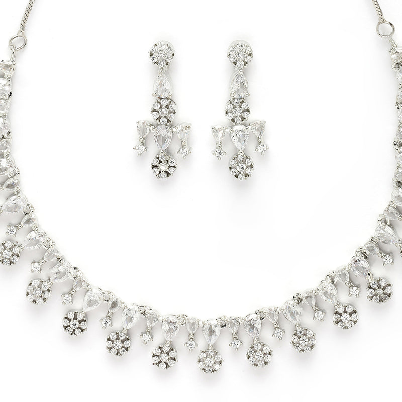 Rhodium Plated Silver Toned Cascade Design & White American Diamond Stone Studded Jewellery Set