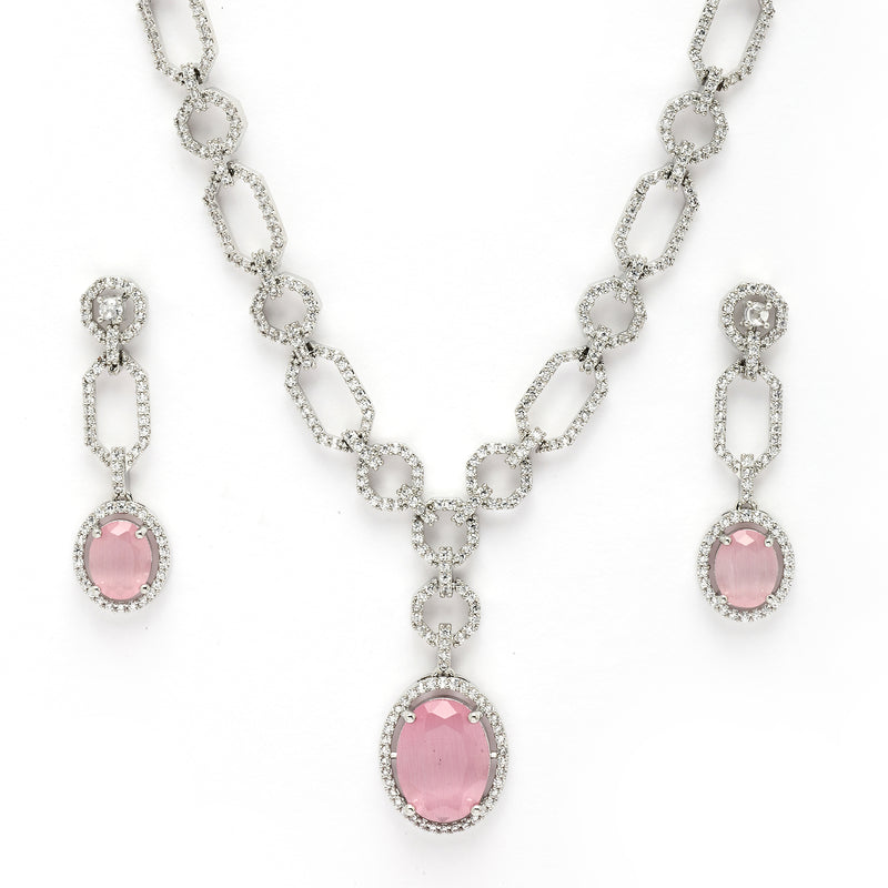 Rhodium Plated with Pink American Diamond Studded Jewellery Set